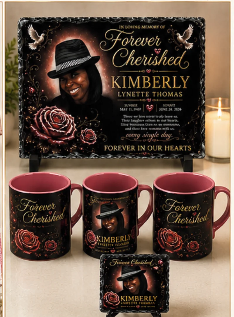 Personalized memorial keepsakes — slate and mugs
