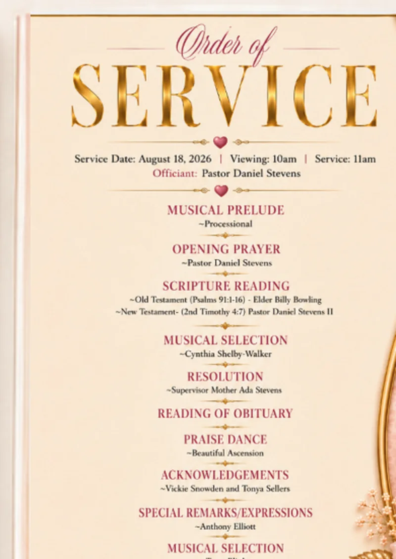 Editable memorial program template — order of service page