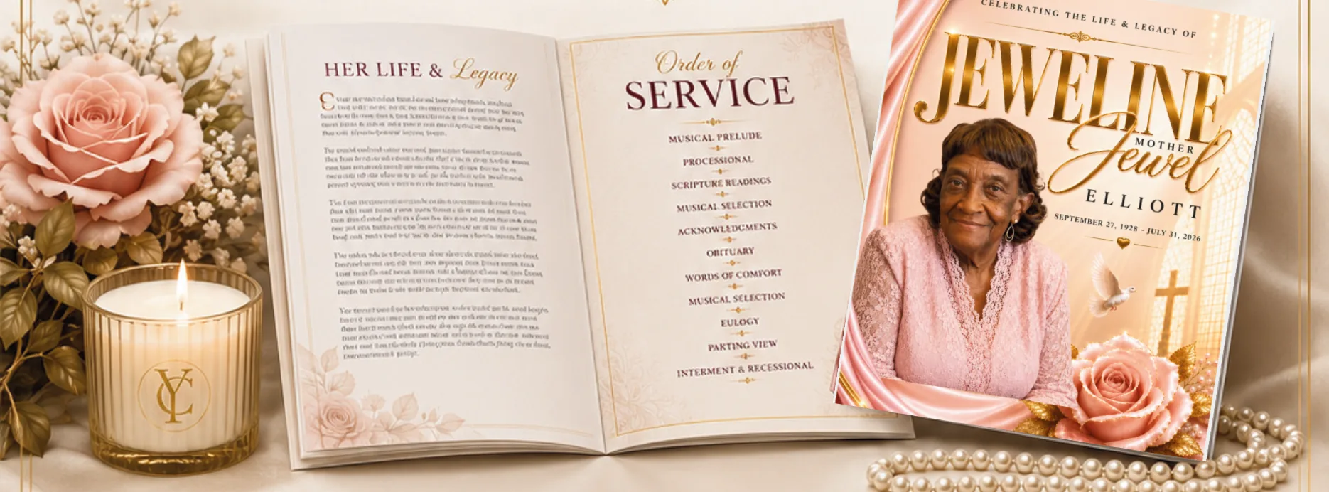 Jewel's celebration of life program standing beside its open order-of-service spread, a candle and pearls — a custom collection designed by Your Cherished Memorials