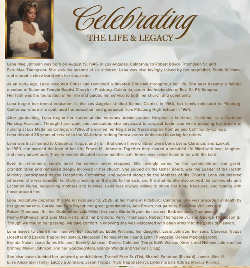 Celebrating the Life and Legacy — opening page from Lena's program